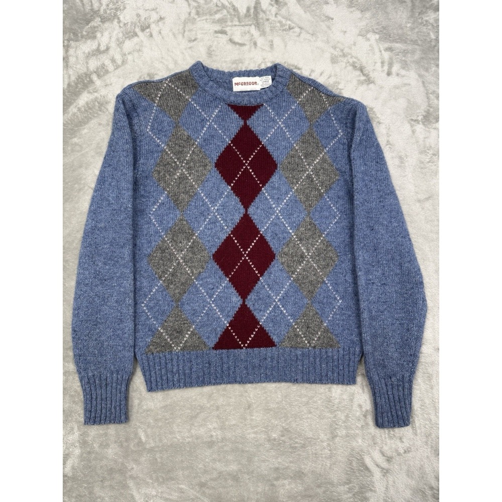 McGregor Argyle Diamond Wool‎ Sweater Womens Large Made In USA Vintage Blue Red